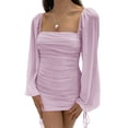 thumbnail image 2 of Long Sleeve Women Drawstring Dress Square Neck Bodycon Mini Dress, 2 of 4