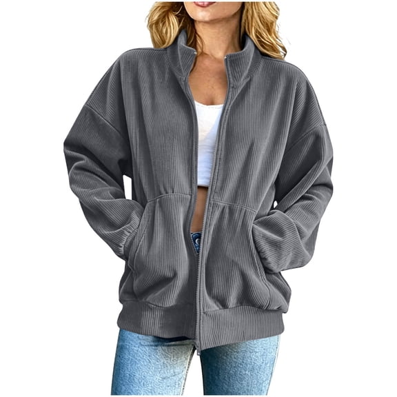 Perfectbot Women's Corduroy Stand Collar Jacket Full Zip Casual Long Sleeve Warm Fall Outerwear