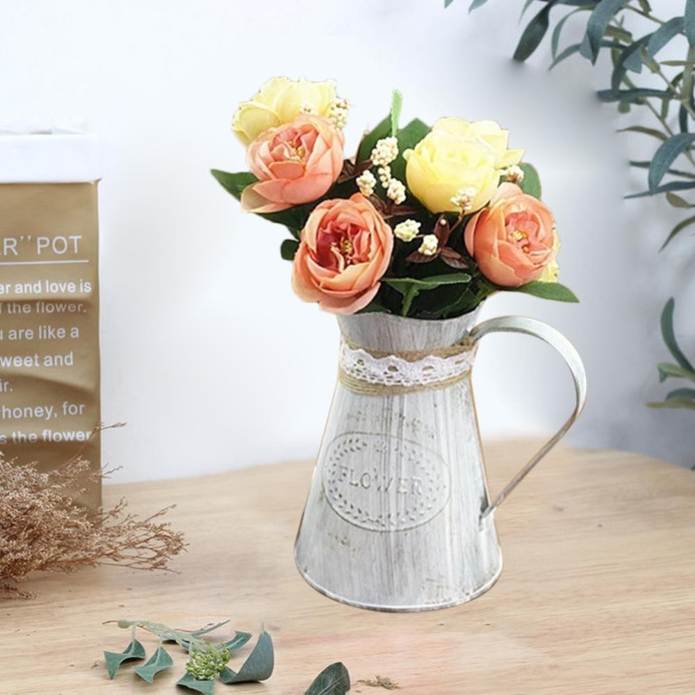 3 x 16cm Small Vintage Cream Metal Jugs Pitchers Flower Pots Vases Home Decor 