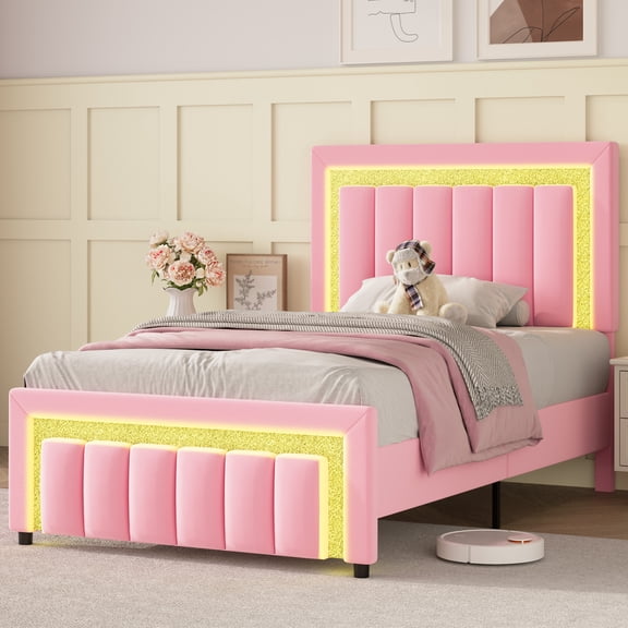 4 EVER WINNER 43.3 in Upholstered Headboard and LED Lights Standard Bed Frames, Twin
