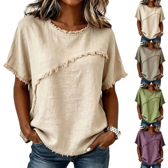 IYYVV Summer Linen Tops for Women 2026 Crew Neck Short Sleeve Shirts Casual Solid T-Shirts Lightweight Loose Blouse White S