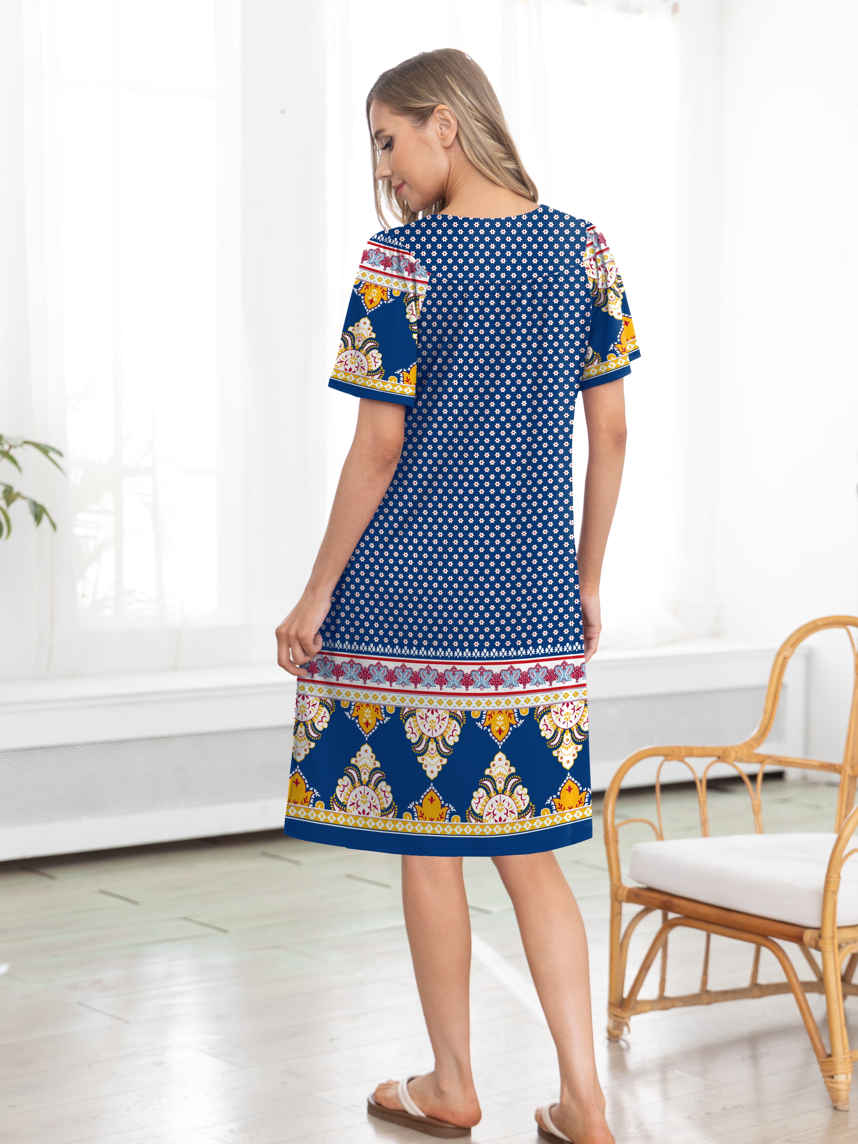 Nightgowns for Women Short Sleeve Nightshirt Comfy Sleepwear MuMu Dress with Pockets
