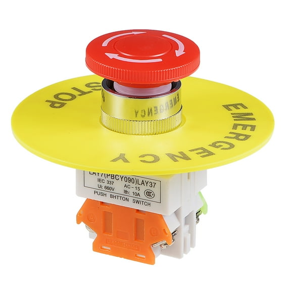 22mm Mushroom Latching Stop Push Button Switch With Warning Sign