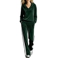 thumbnail image 3 of Tqcoqu Women's 2 Piece Velour Tracksuit,V Neck Hooded Long Sleeve Top & Wide Leg Pants with Side Stripe,Casual Loungewear Plus Size Outfit Set,Army Green Women's S-XXL, 3 of 6