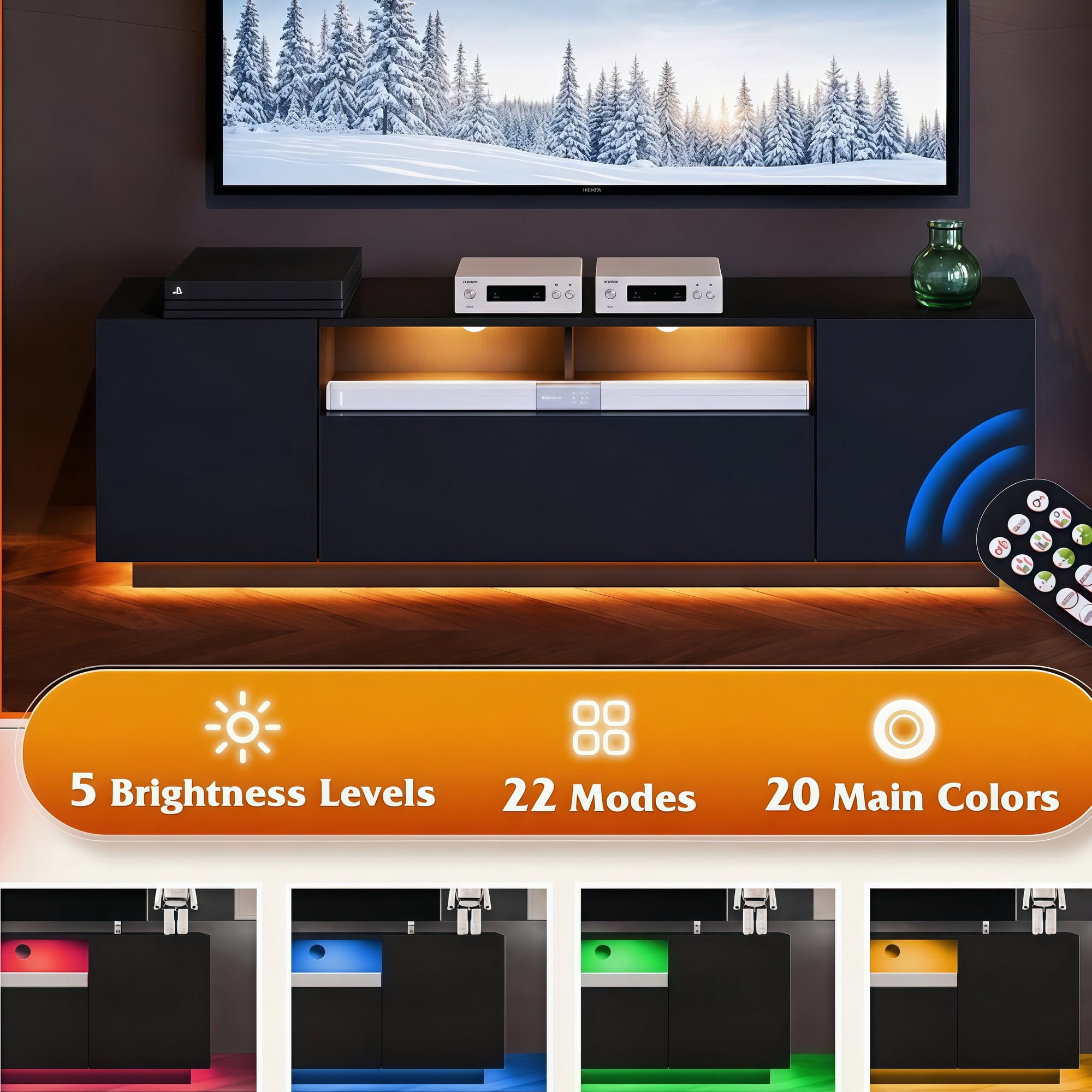GALAXHERO TV Stand for 65 inch Entertainment Center with LED Lights & Large Storage Cabinet Modern TV Console Stands Table for Living Room Bedroom Black