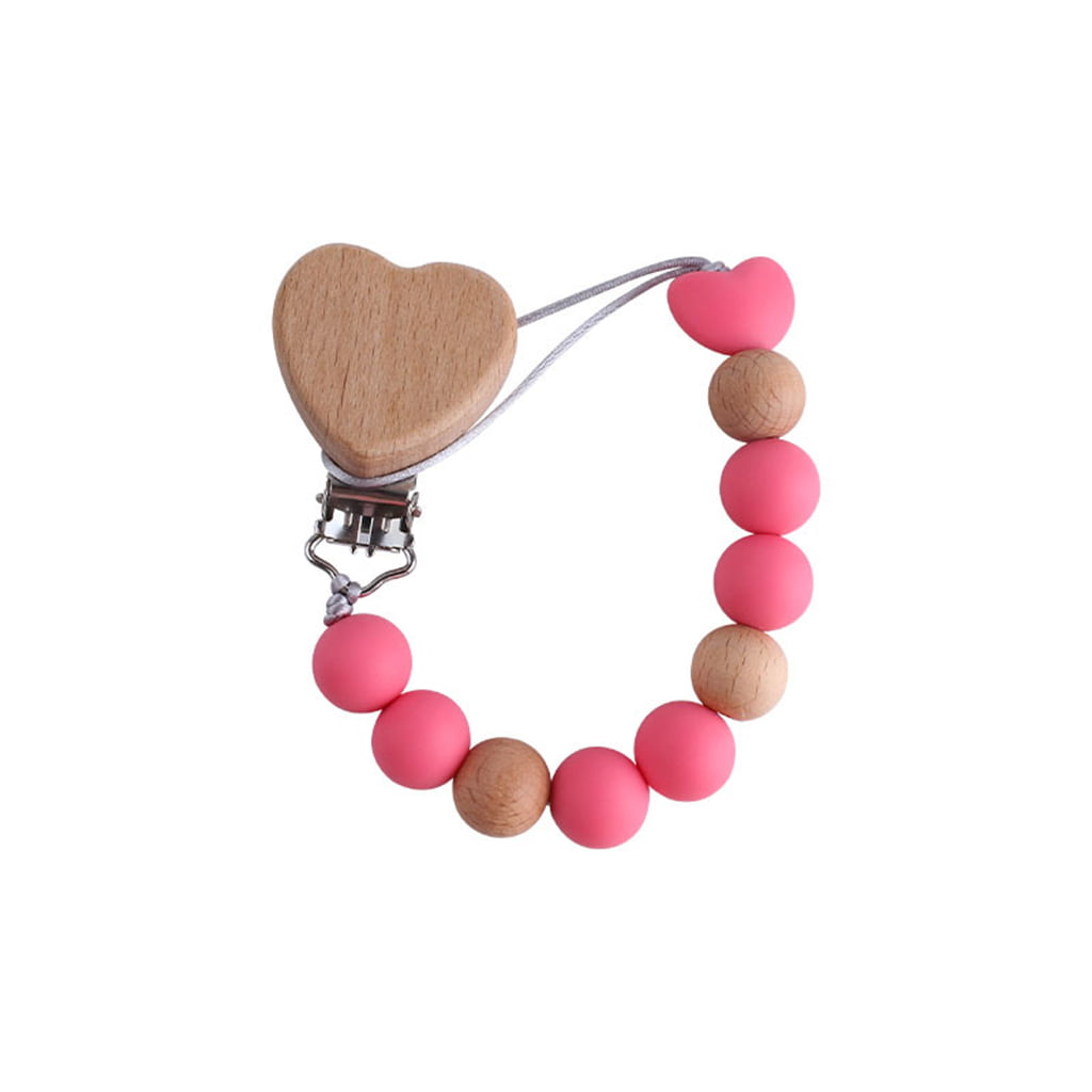 Baby Soother Chain Holder Natural Wood Silicone Beads Beech Dummy Pacifier Clips 