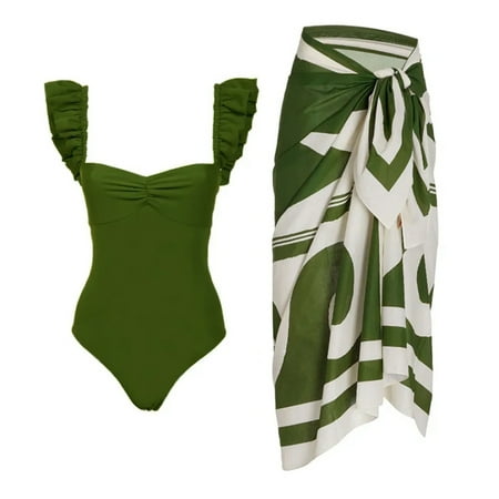 IBTOM CASTLE Women s One Piece Swimsuit with Beach Cover up Wrap Skirt Sarong Retro Floral Print Bikini Set Two Piece Bathing Suits L Dark Green 2pcs
