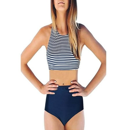 Piece Womens Swimwear - Womens High Waist 2 Piece Stripe Bikini Spa Swimsuit Bathing Suit S