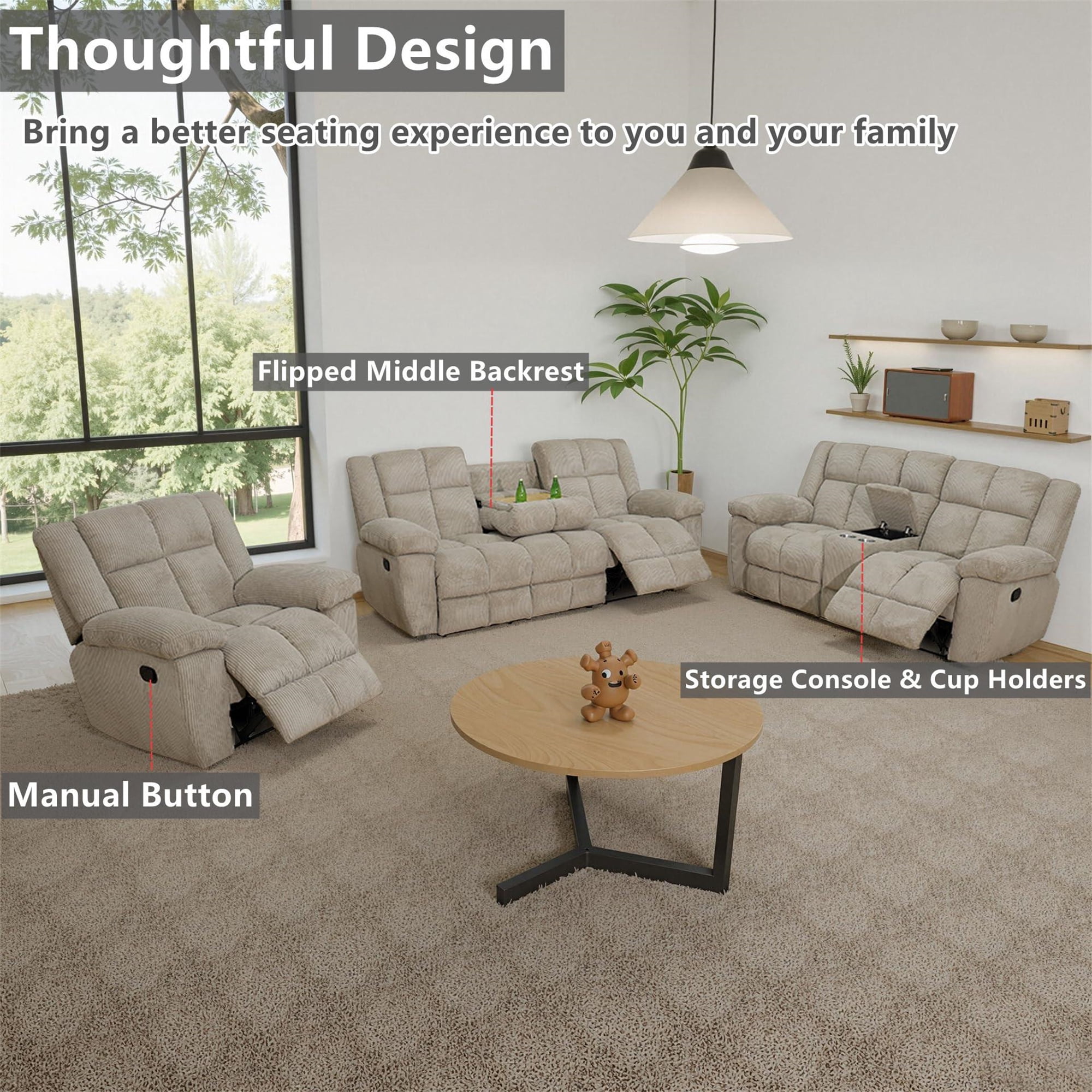 Aukfa 3-Piece Recliner Sofa Set, Oversized Armchair+Loveseat +3 Seat Sofa, 2 Cup Holders&Storage Console, Corduroy, Beige