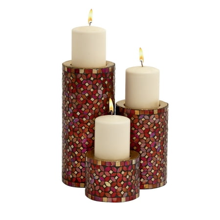 7 Inch Candlelight Holder - Decmode Modern 11, 7, and 4 Inch Cylindrical Candle Holders with Red Mosaic Designs - Set of 3