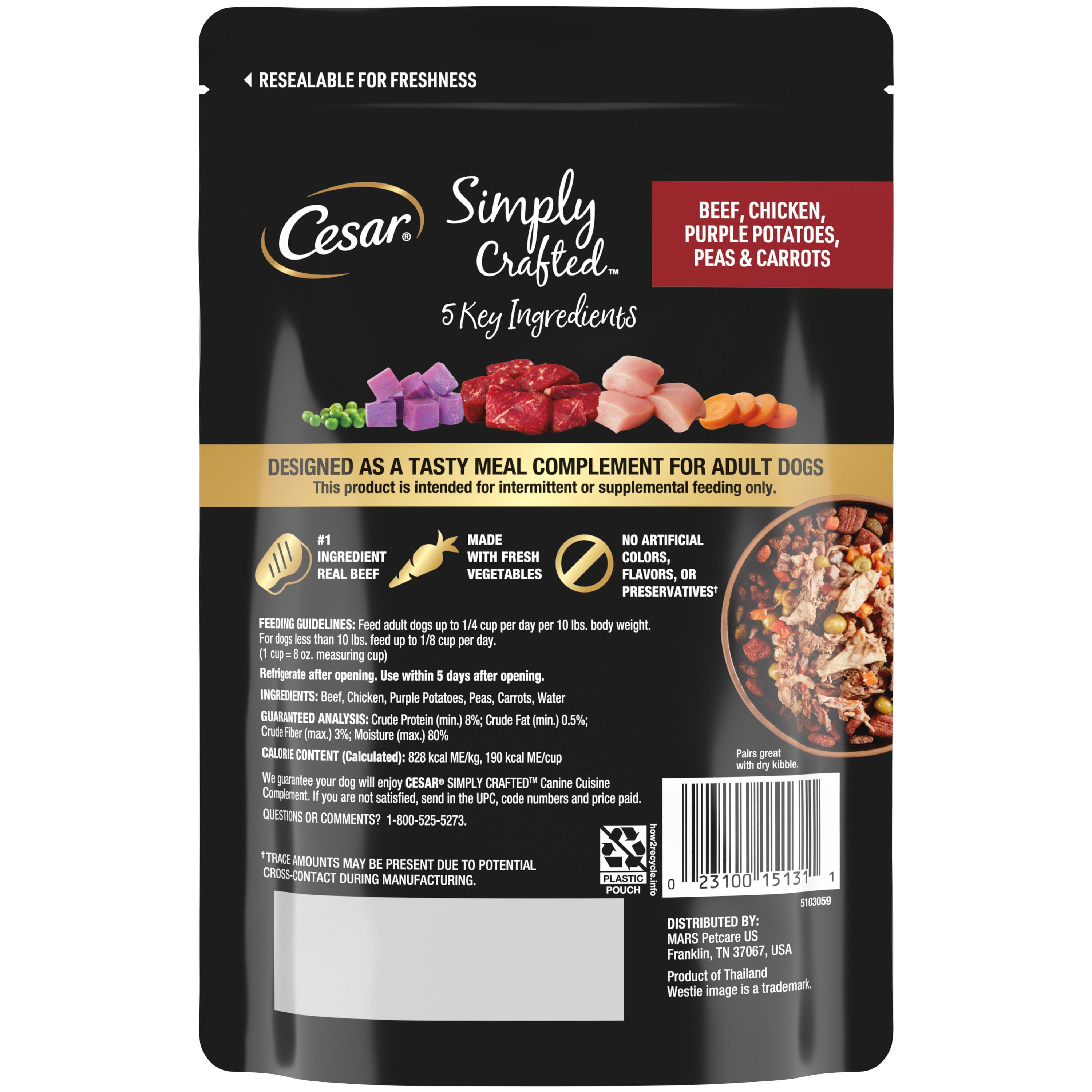 Cesar Simply Crafted Beef, Chicken, Purple Potatoes, Peas & Carrots Wet Complement, 8.82 Oz Pouch