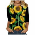 thumbnail image 1 of Moda para mujer O-cuello Casual Tres cuartos Estampado de girasol Tops Camiseta Blusa Pompotops FGAJ2005, 1 of 5