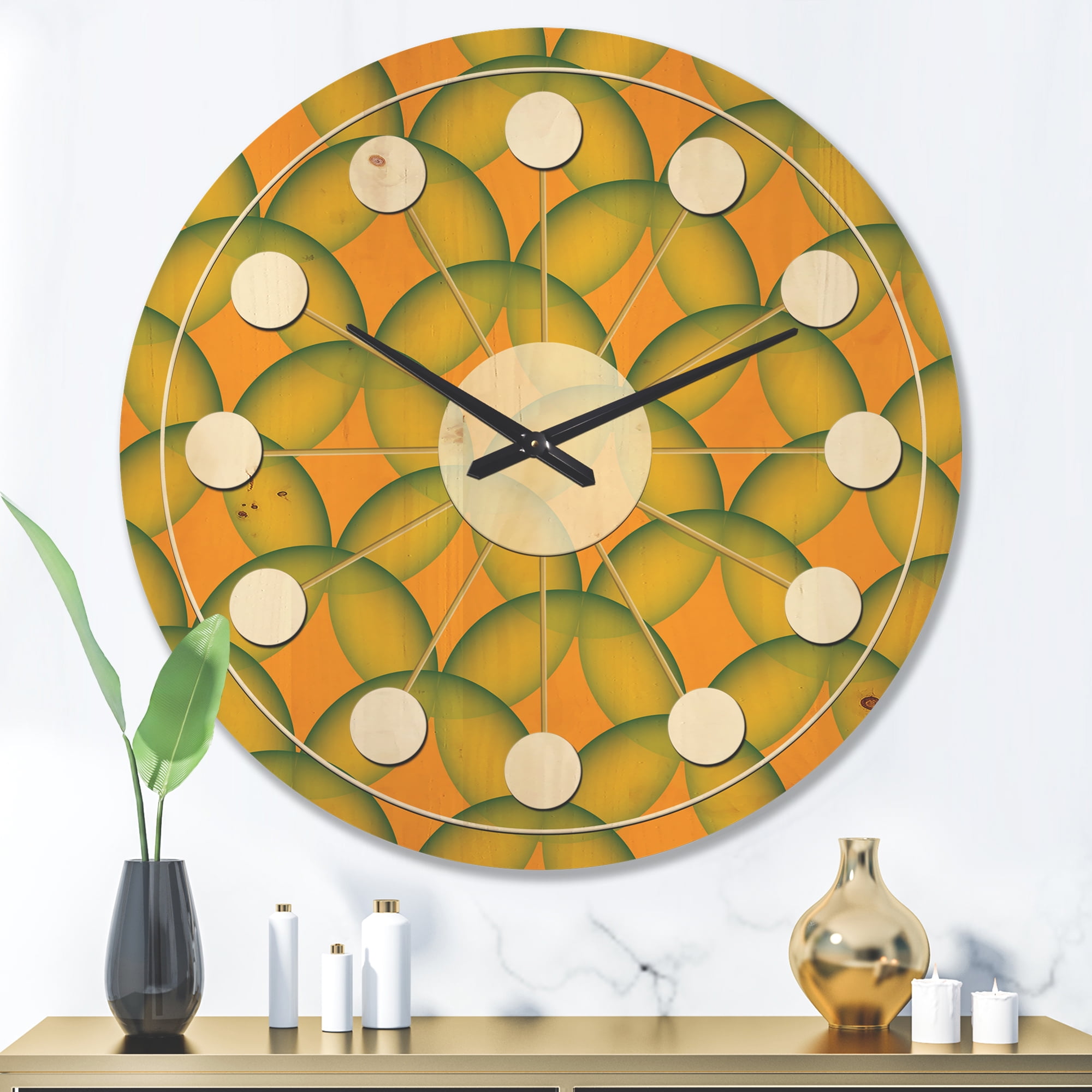 Designart 'Abstract Retro Design In Yellow and Green ' Mid-Century Modern Wood Wall Clock