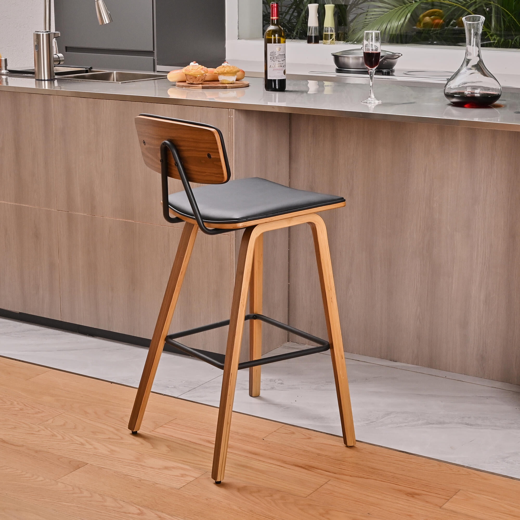 Pack Vintage Wood Bar Stools with Back and Foot Ring, 27