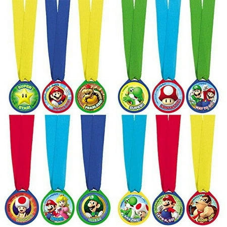 Super Mario Brothers Birthday Party Assorted Colors Mini Award Medal Favours, Plastic, 1", Pack of 12