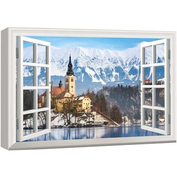 wall26 Canvas Print Wall Art Window View Landscape Snowy European Castle Nature Wilderness Photography Modern Art Rustic Scenic Colorful Multicolor for Living Room, Bedroom, Office - 12"x18"