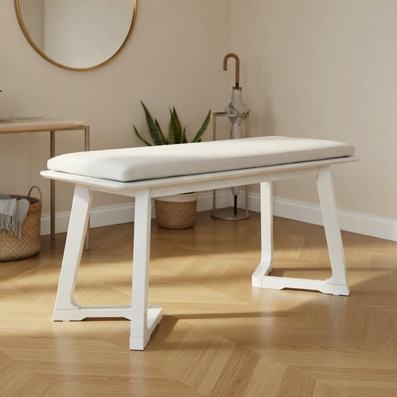 Topcobe 42 Inch Modern Entryway Bench Long Dining Bench with Rubber Wood Legs, Modern Furniture for Indoor-White