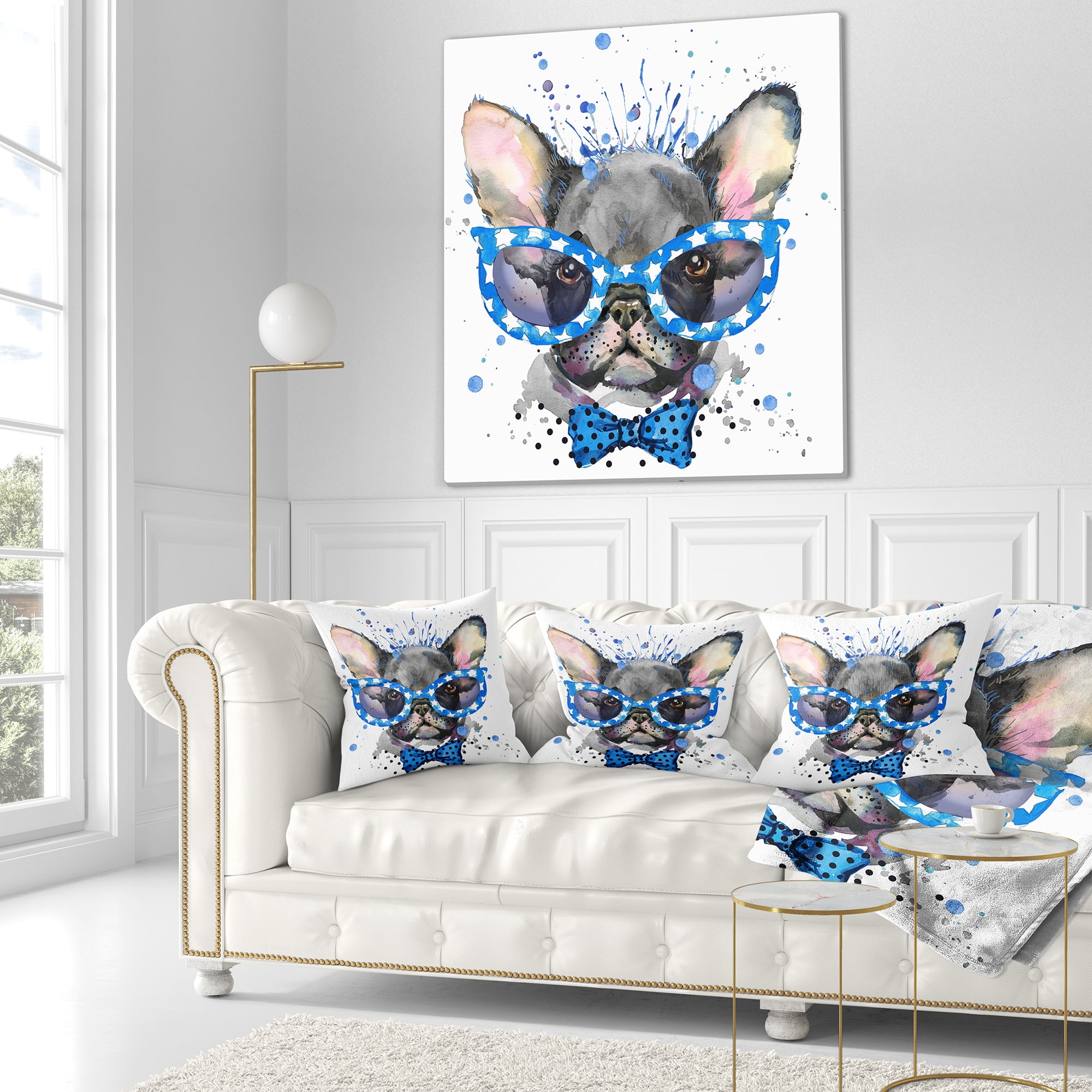 Designart Cute French Bulldog with Glasses - Animal Throw Pillow - 18x18