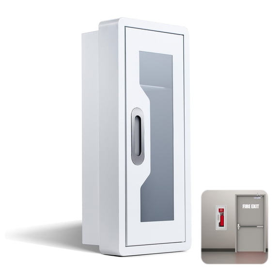 White Steel Fire Extinguisher Cabinet, Magnetic Door with Acrylic Window Holds 2.5/5/10 LB Extinguisher & First Aid Kit, Semi-Recessed & Wall Mount Cabinet for Home/Office/Commercial Use