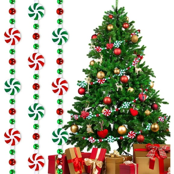 Triani 6.5Ft Christmas Candy Bead Garlands Peppermint Hanging Red White Green Christmas Theme Party Decorations DIY Plastic Christmas Beaded Garlands