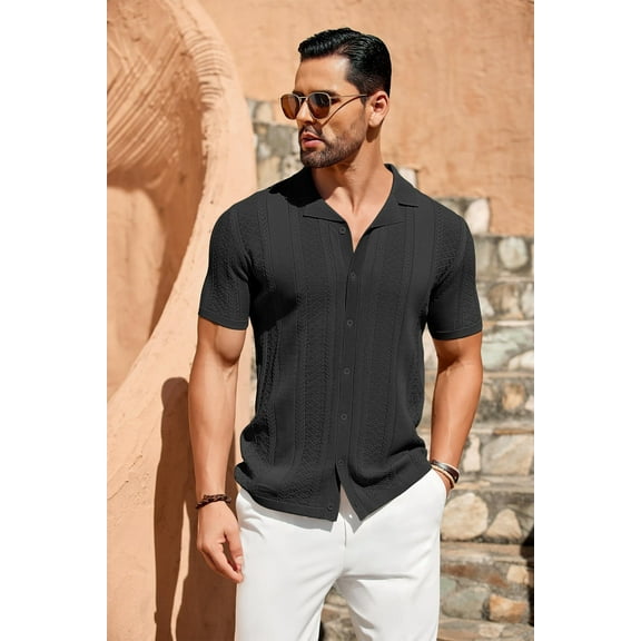 COOFANDY Mens Vintage Shirts Short Sleeve Button Up Knitted Polo Shirts Casual Beach Summer Shirt
