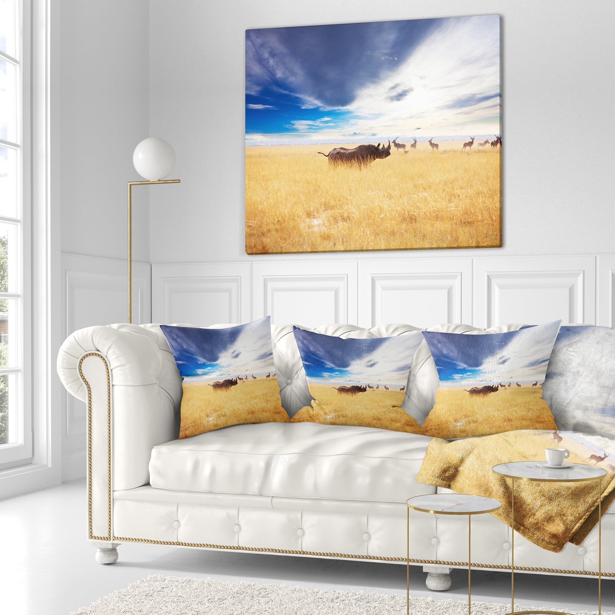 Designart Huge Rhino with Antelopes - Seashore Throw Pillow - 18x18