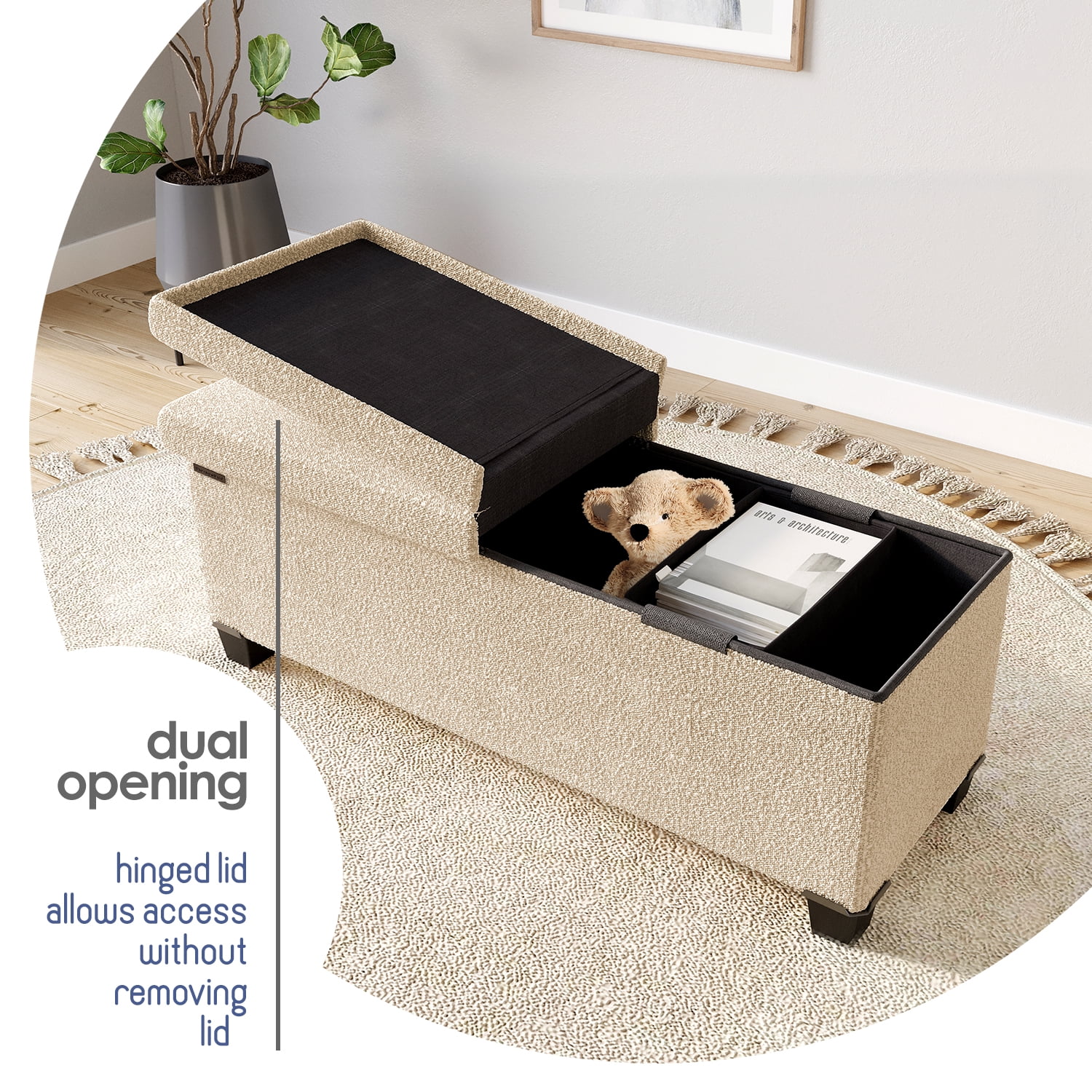 Hearth & Harbor Storage Ottoman Bench, Boucle 43" Ottoman with Storage , Beige
