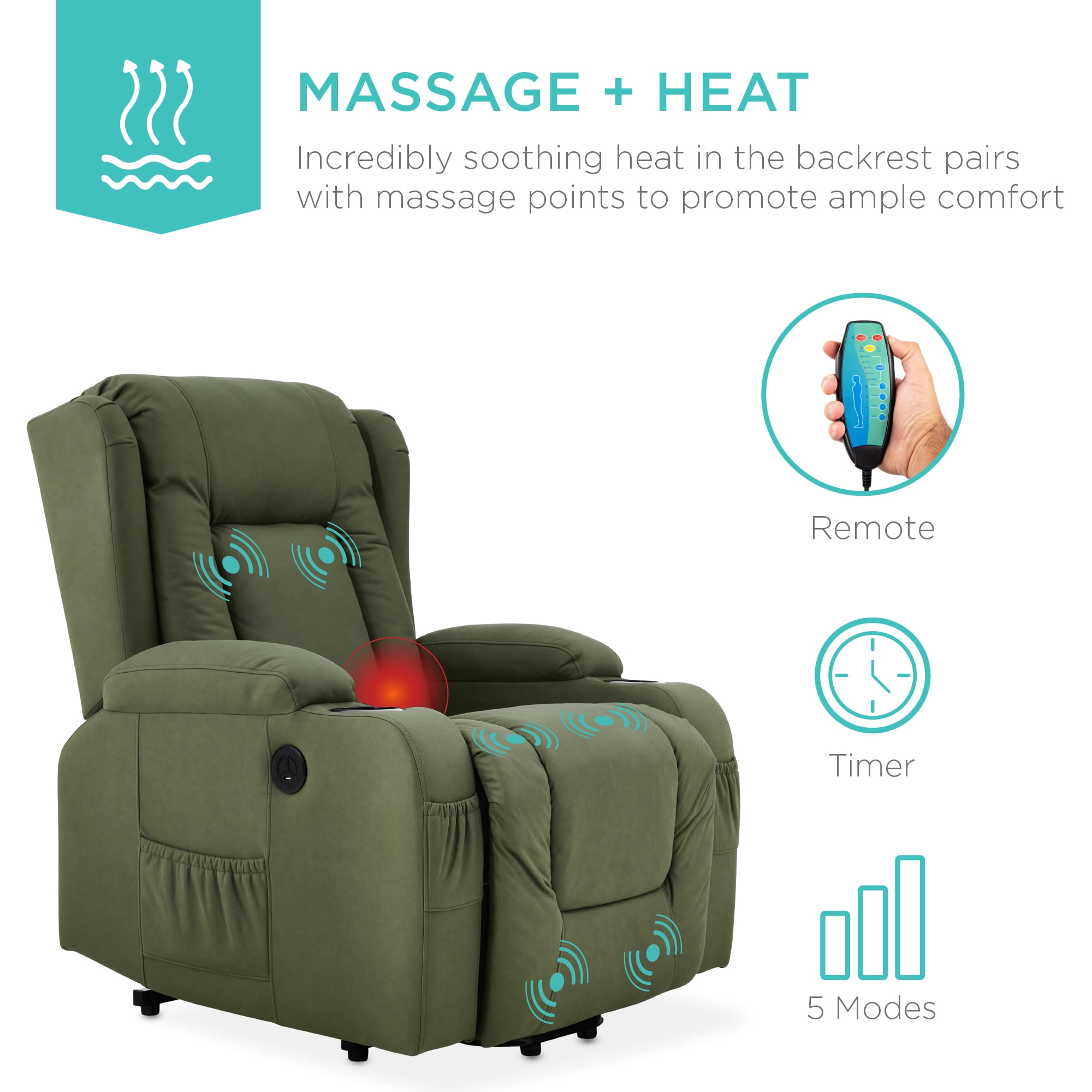 Best Choice Products Electric Power Lift Recliner Massage Chair Furniture w/ USB Port, Heat, Cupholders - Olive