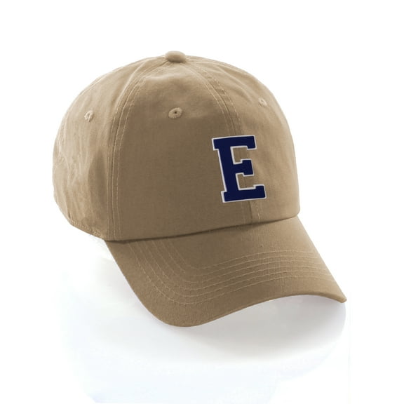 Customized Letter Intial Baseball Hat A to Z Team Colors, Khaki Cap White Navy Letter E