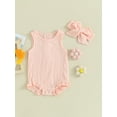 thumbnail image 2 of FEORJGP Infant Baby Girls Basic Ruffled Rompers Sleeveless Jumpsuit Solid Color Crew Neck Bodysuits Newborn Cute Casual Soft Summer Clothes with Headband, 2 of 9