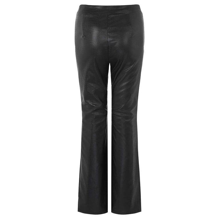 JDEFEG Womens Leather Pants Long Fashion Solid Color Bell Bottoms