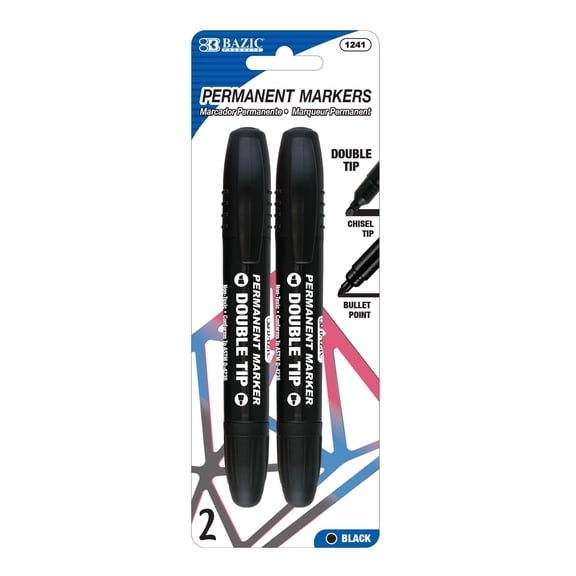 BAZIC Black Double-Tip Permanent Markers, Fine & Chisel, 2 Count