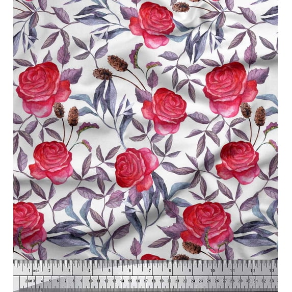 Soimoi Modal Satin Fabric Leaves & Rose Flower Fabric Prints By Yard 42 Inch Wide