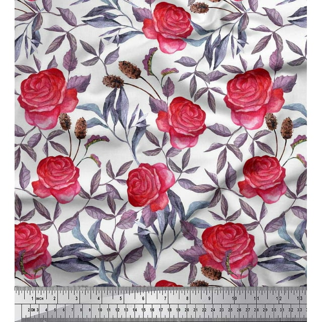 Soimoi Tissu Crêpe polyester Imprimé Feuilles & Roses au Mètre 52 Pouces de Large
