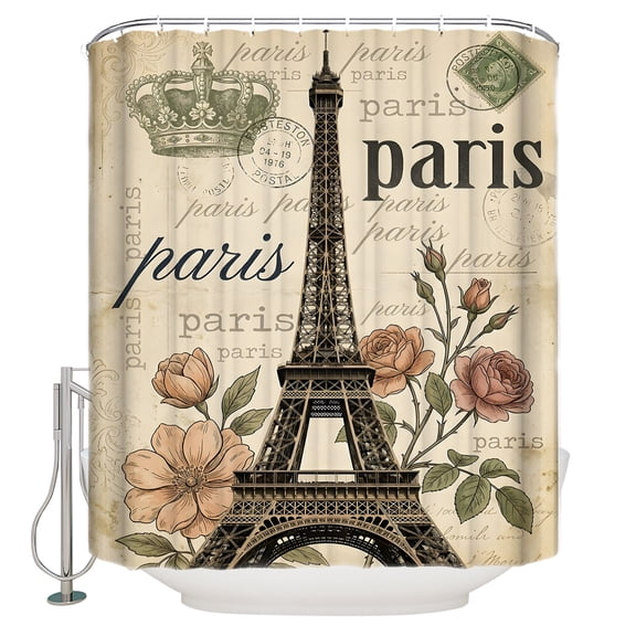 Paris Architecture Bathroom Shower Curtains with 12 Hooks Polyester Waterproof Shower Curtain for Stalls and Bathtubs Vintage Eiffel Tower Romantic Floral Decorative Bathroom Curtain 36x72 Inches