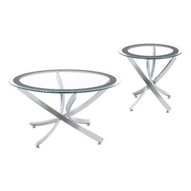 Pemberly Row 2-piece Round Glass Top Metal Base Coffee Table Sets Chrome & Black