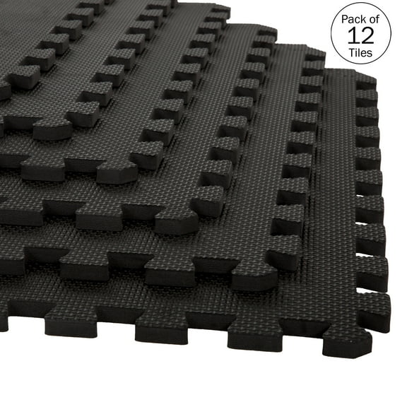 Foam Flooring Tiles – 12-Pack Interlocking EVA Foam Pieces – Non-Toxic Floor Padding for Playroom, Gym, or Basement by Stalwart (Black)