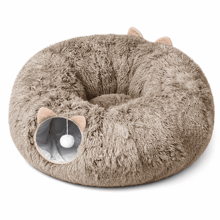 Cat Tunnel With Bed Brown Plush Playground For Small Medium Large Kittens