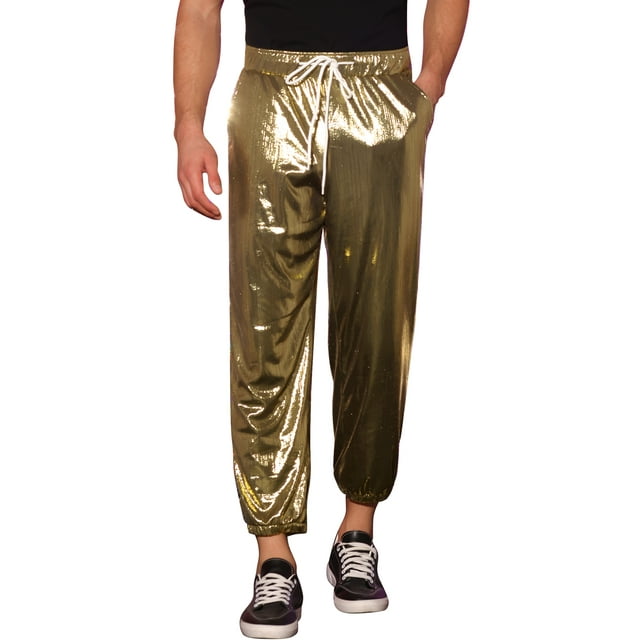 INSPIRE CHIC Pantalones Jogger Metálicos Brillantes para Hombre con Cintura Ajustable para Fiesta Disco Brillantes Dorados 34