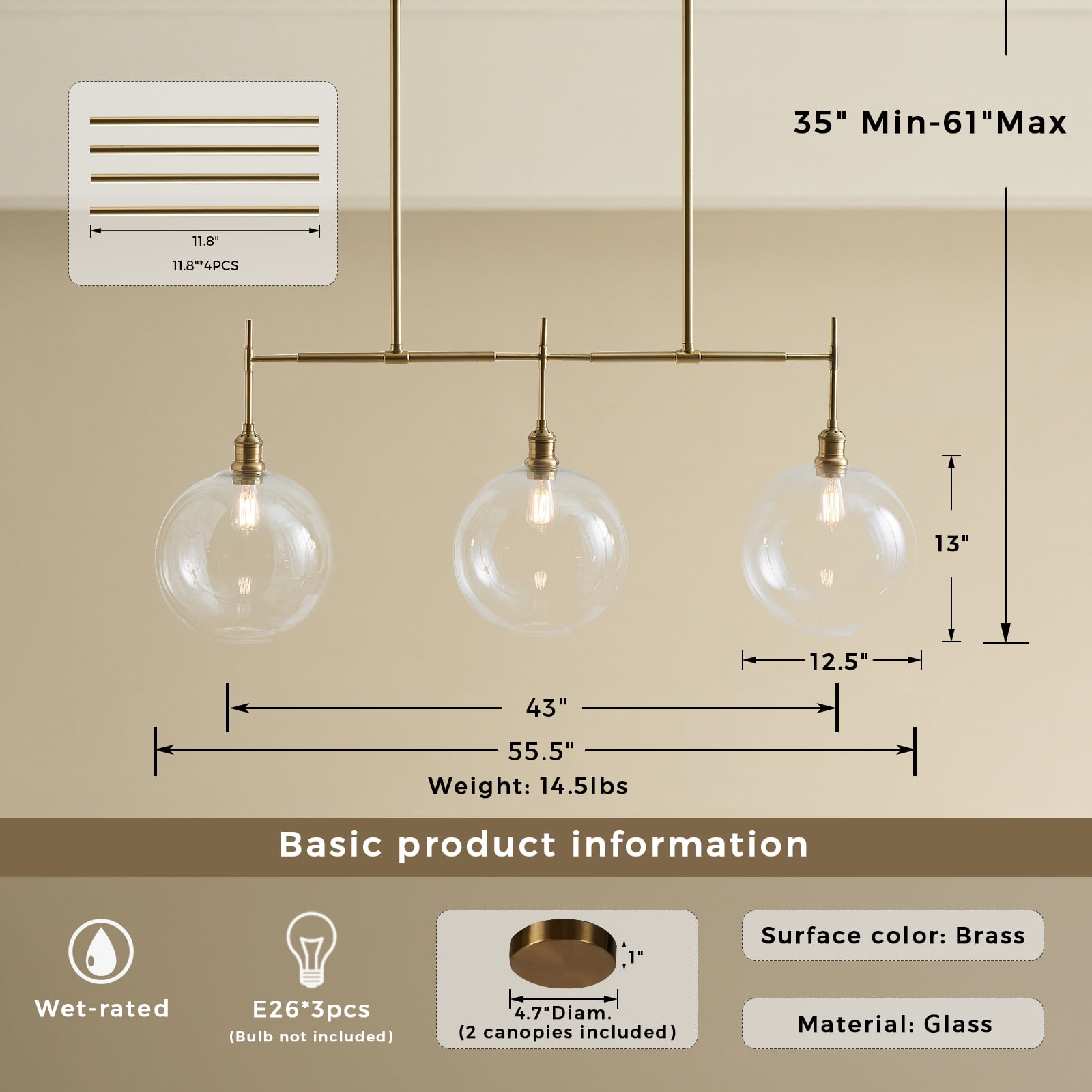 Modern Glam Linear Globe Chandelier,Mid-century inspiration,Chandelier for Dining Room,Living Room,BedRoom