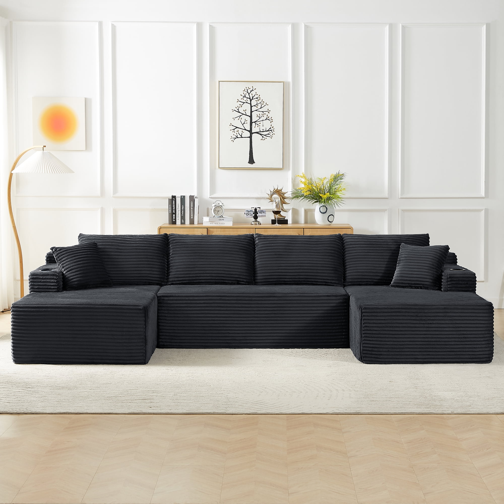 Leumius 133" Oversized Boneless Sectional Couches for Living Room,Modern Corduroy U Shaped Modular Sectional Sofa with Deep Seat,6-Seat Cloud Couch with Cupholders and Side Pockets,No Assembly