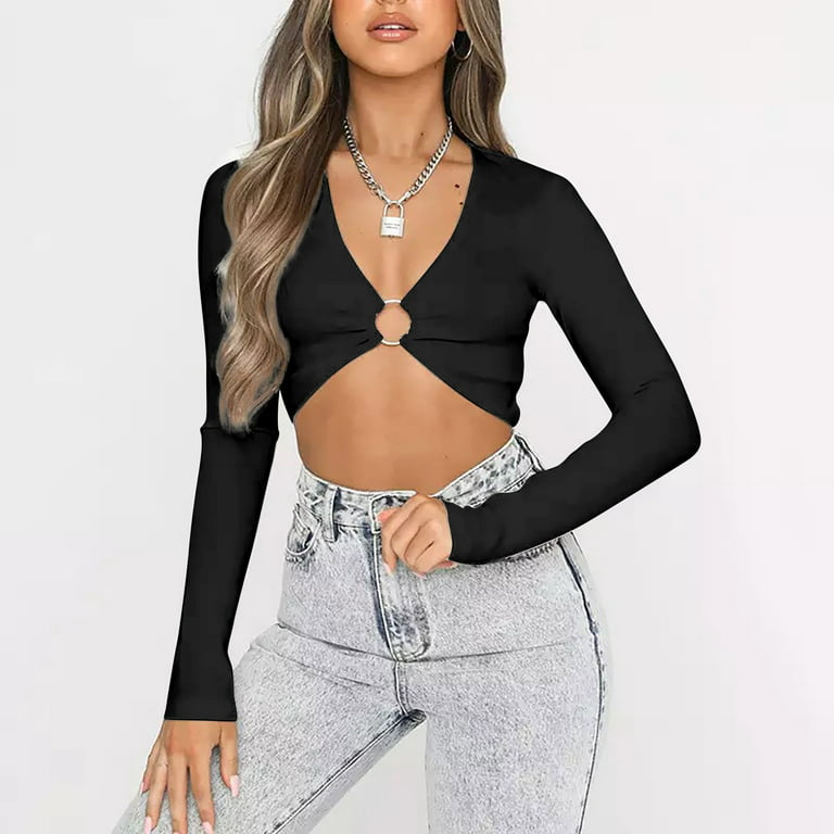 Sexy Crop Tops for Women Plunging Neckline Long Sleeve Slim Fit Crop Top  Blouse Shirts with Golden Ring Centrepiece
