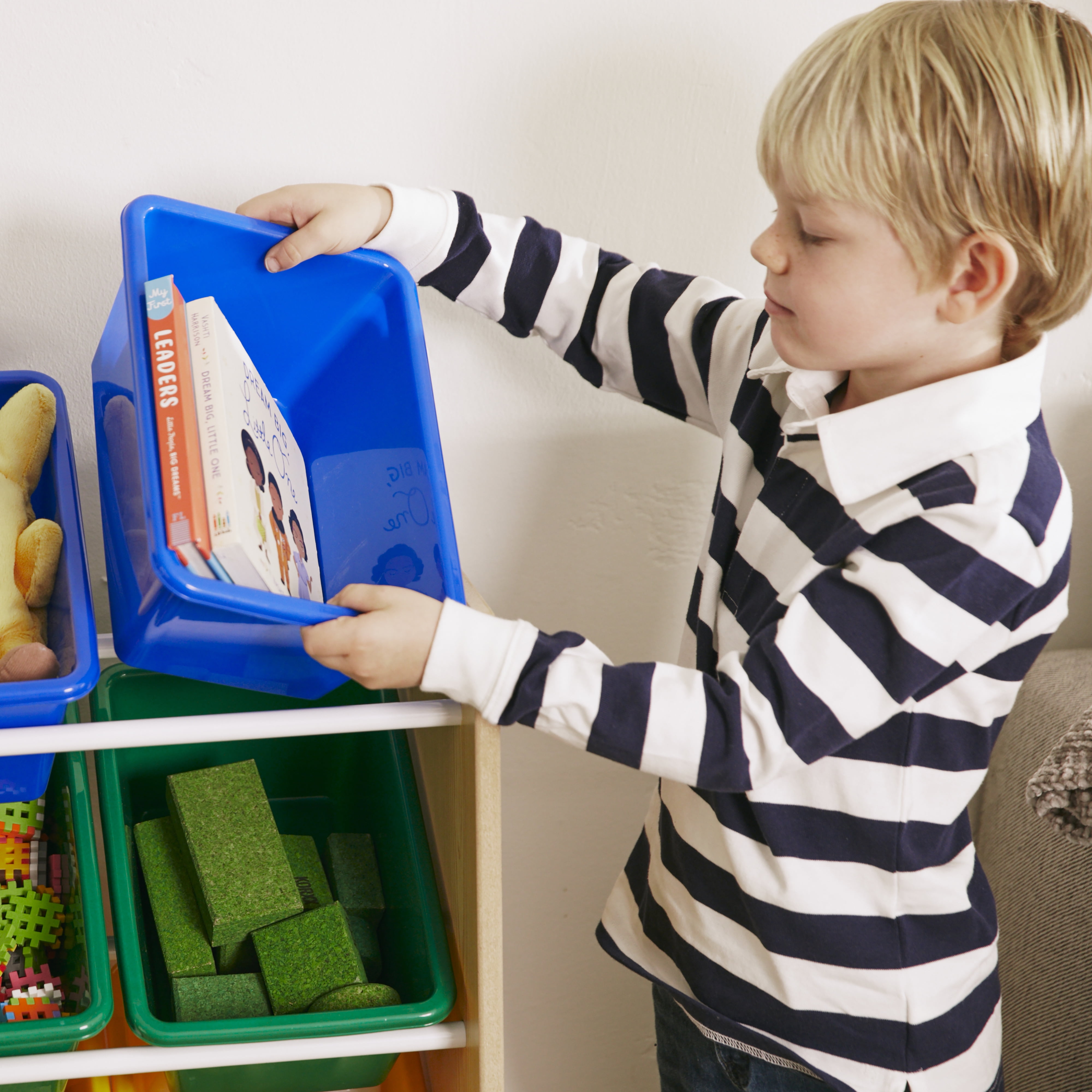 ECR4Kids 4-Tier Organizer with 12 Removable Plastic Bins, 4x3, Toy Storage, Natural/Primary