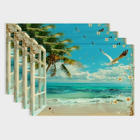 

Fenyluxe 4pcs Palm Tree Bird Linen Table Placemats for Dining Parties Restaurants Buffets & Home Decor 18x12in