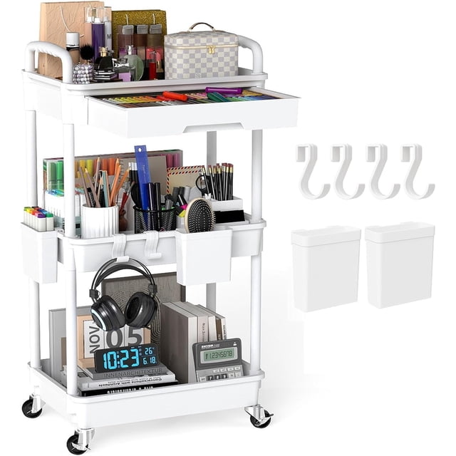 LLMRR 3 Tier Rolling Utility Cart with Drawer, Cart with Drawer & Handle, Bathroom Cart Organizer, Rolling Storage Cart with Drawer, Rolling Cart with Lockable Wheels for Kitchen, Office, White