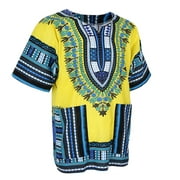 Unisex African Prints Dress Cotton Dashiki Shirt Ethnic Caftan yellow and blue