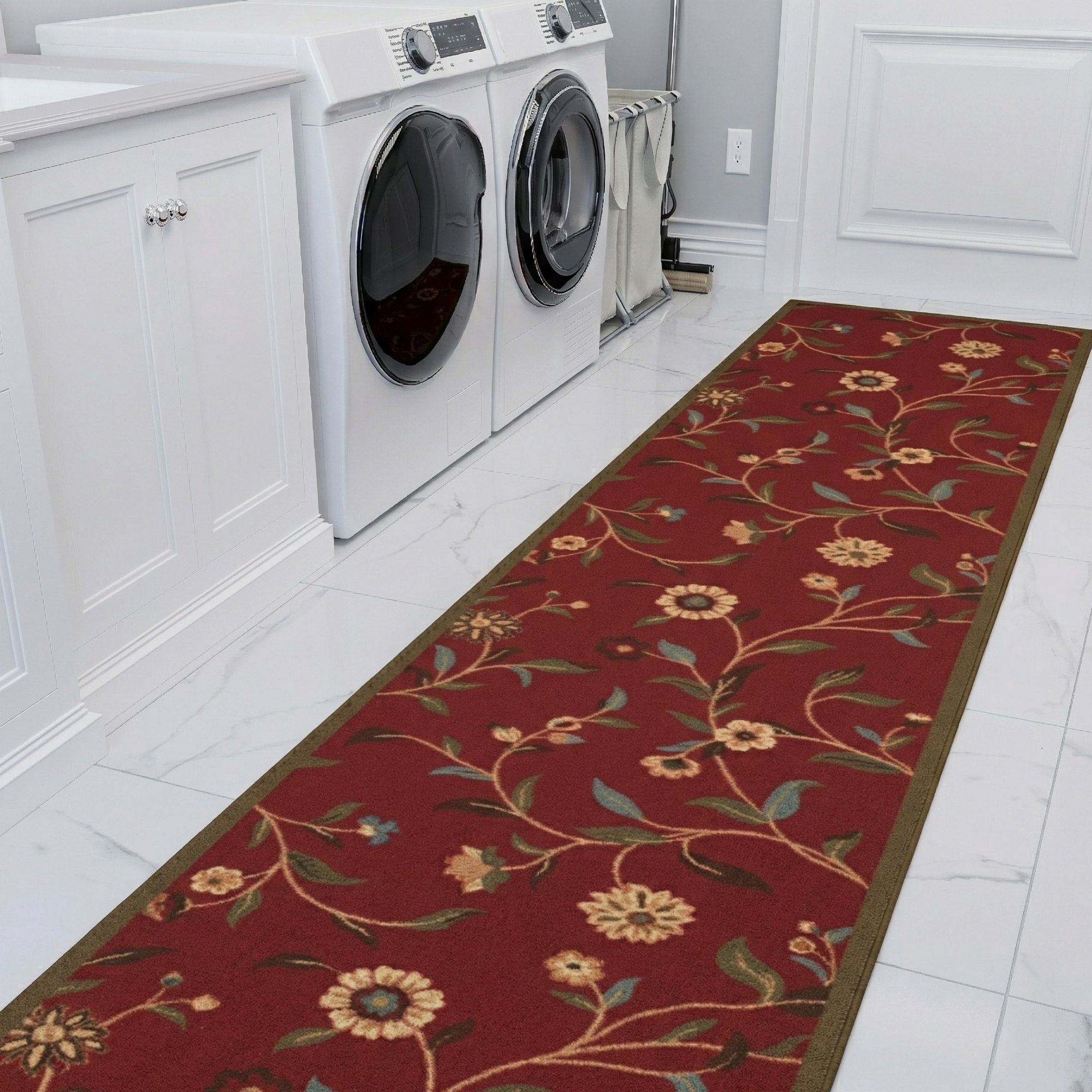 Ottomanson Hallway Runner Rug 2'7" x 11' – Non-Slip Low Pile Carpet for High Traffic Areas, Floral Red