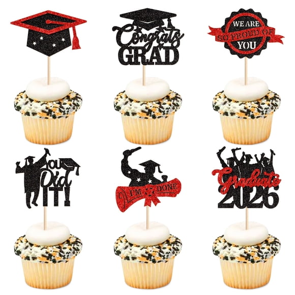 Adornos para cupcakes Ercadio 2026 con purpurina para graduación, color negro y rojo, 30 unidades