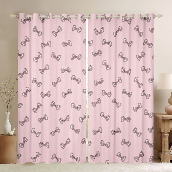 Homewish Kawaii Glitter Bow Black Out Curtains for Girls, Kawaii Cartoon Ribbon Curtains Pack of 2 (42x63 Each), Girly Pink Bowknot Bedroom Curtains, Curtains and Drapes Decor