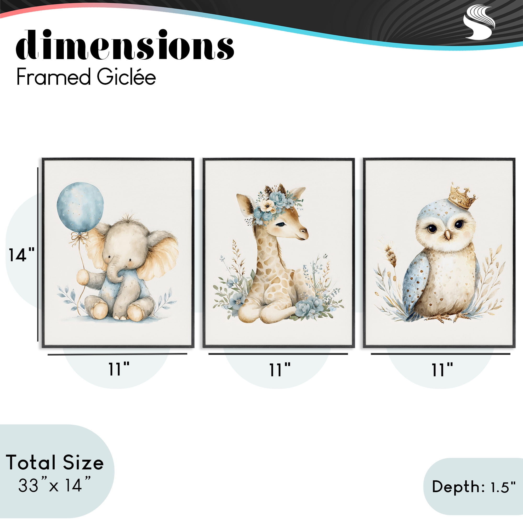 Stupell Industries Watercolor Nursery Animals 3 Piece Black Framed Giclee Art Set, design by LSR Design Studio
